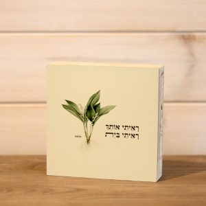 בלוק עץ ריבוע סגנון נקי בוטני כפרי עם איור צמח עם שורש בוטני ירוק חום שמנת והכיתוב ראיתי אותך ראיתי בית של להקת עלמא להנחה על מדף או לתליה