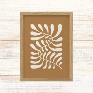 תמונה ממוסגרת לעיצוב הבית פרינט בעיצוב נקי עם צורה אמורפית בגווני חום שמנת זוג מונות לסלון בעיצוב כפרי בוהו שיק